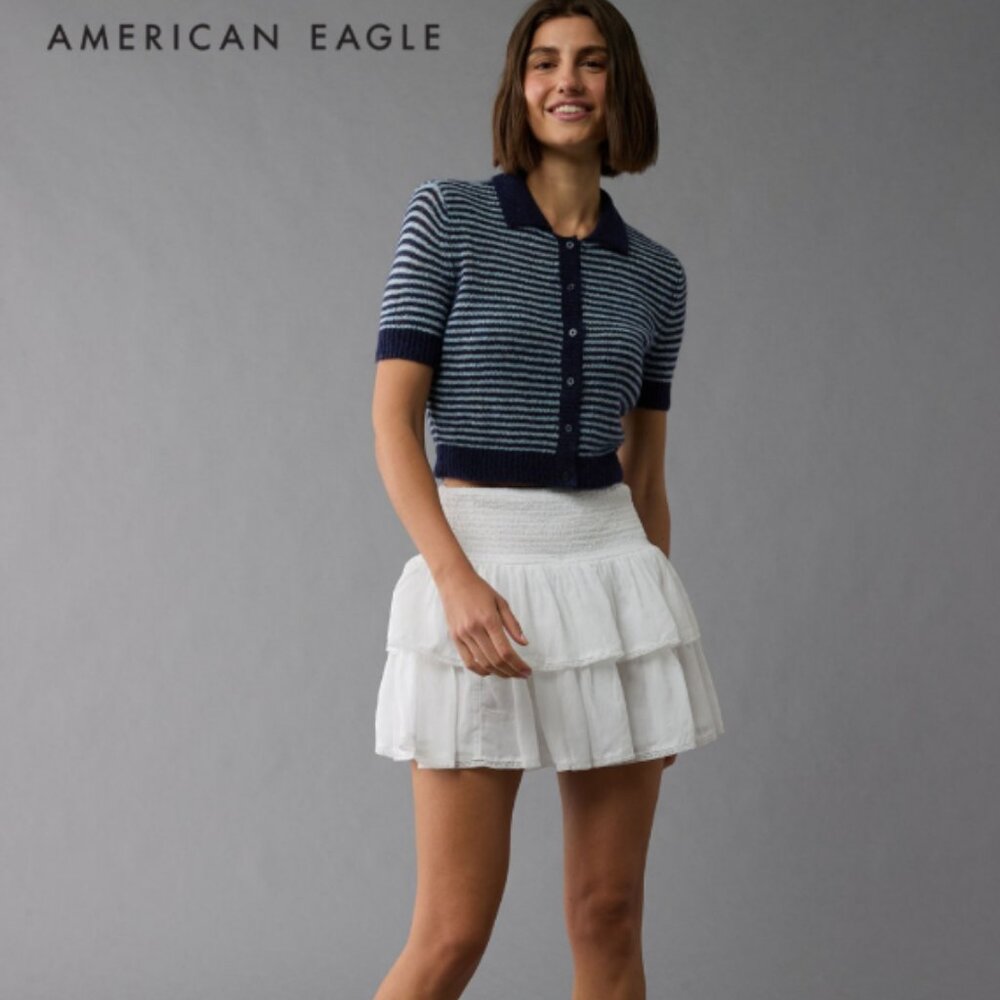 AE - Striped Button-Up Cropped Sweater Polo Shirt - Blue - Size Small